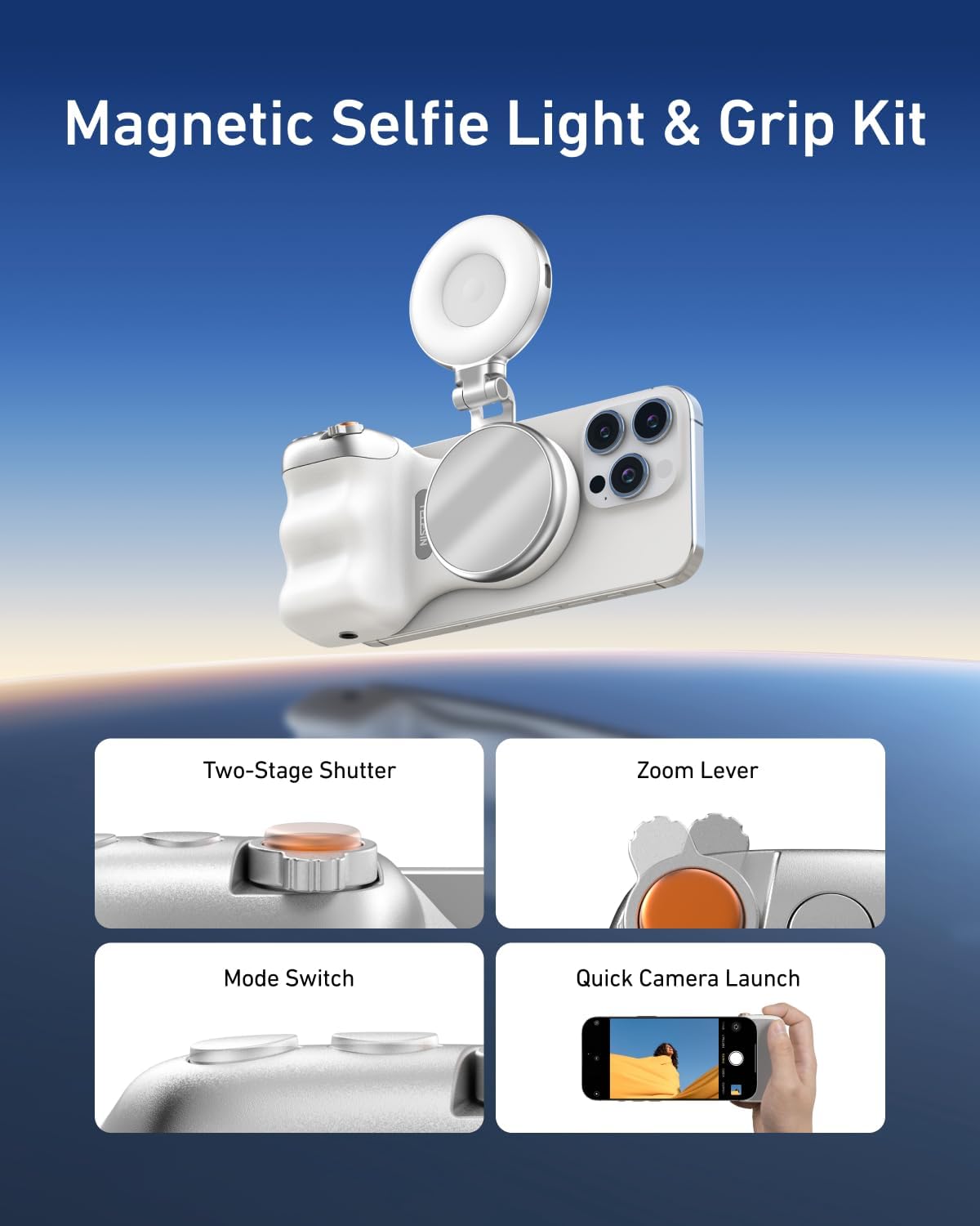 Poignée photo magnétique pour smartphone – Télécommande Bluetooth, éclairage d’appoint, rotation H/V