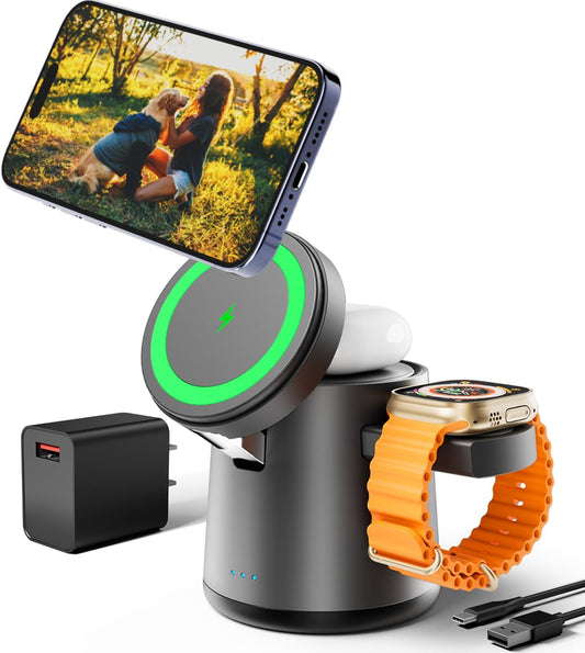 Chargeur sans fil Qi2 3-en-1 pliable 15W – iPhone 12-16 / Apple Watch / AirPods
