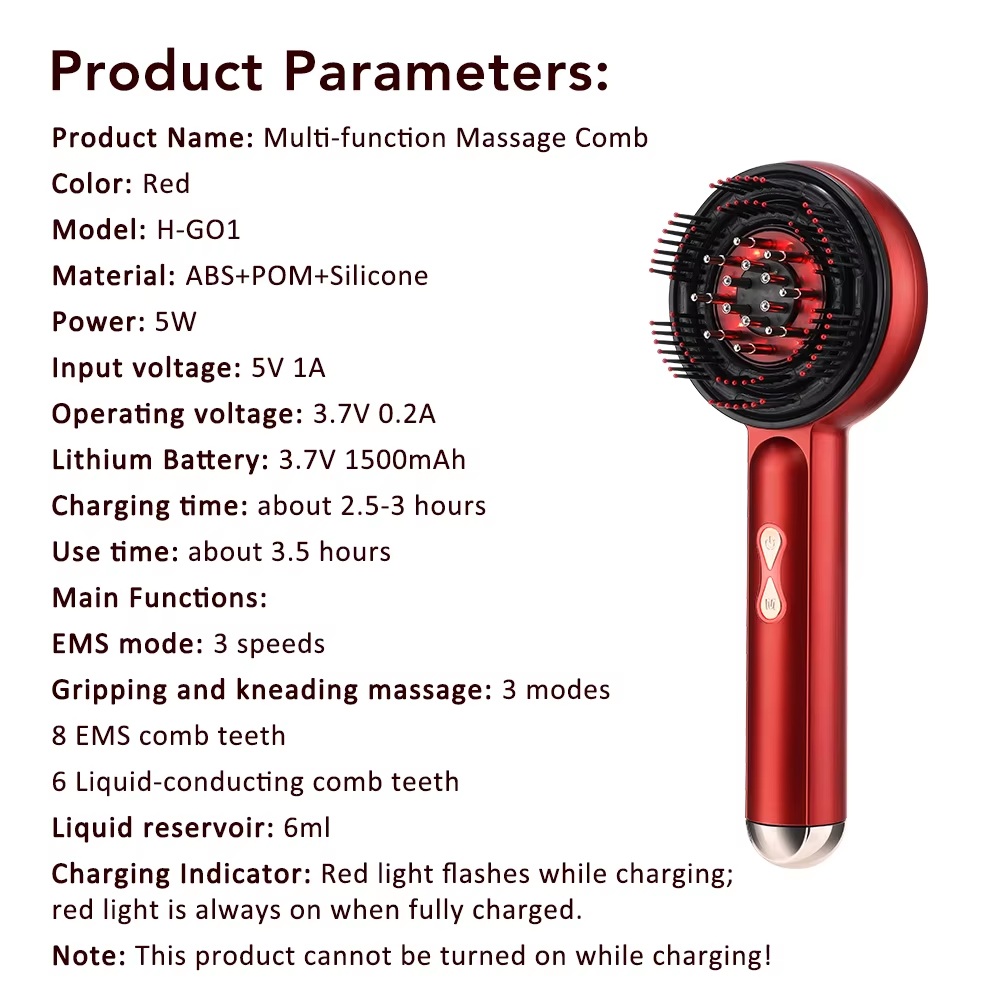 Peigne massant cuir chevelu LED – réservoir sérum 6 ml, 3 modes, portable (Hailicare)
