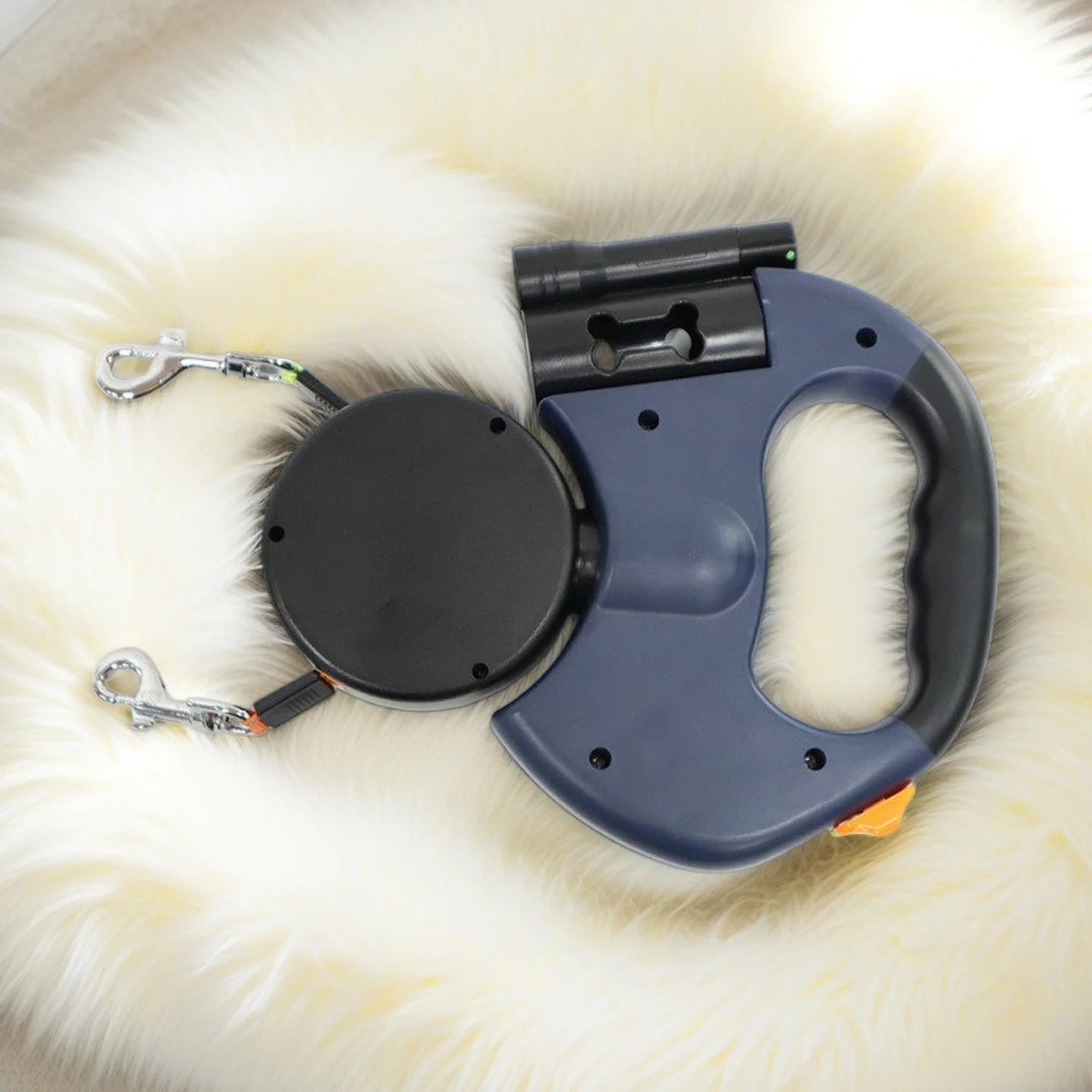 Laisse rétractable double avec LED – anti-enchevêtrement 360°, freins indépendants, sangle réfléchissante 3 m