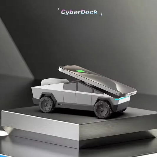 Station de charge sans fil Qi2 3-en-1 – CyberDock design pick-up futuriste (iPhone / AirPods / Watch)