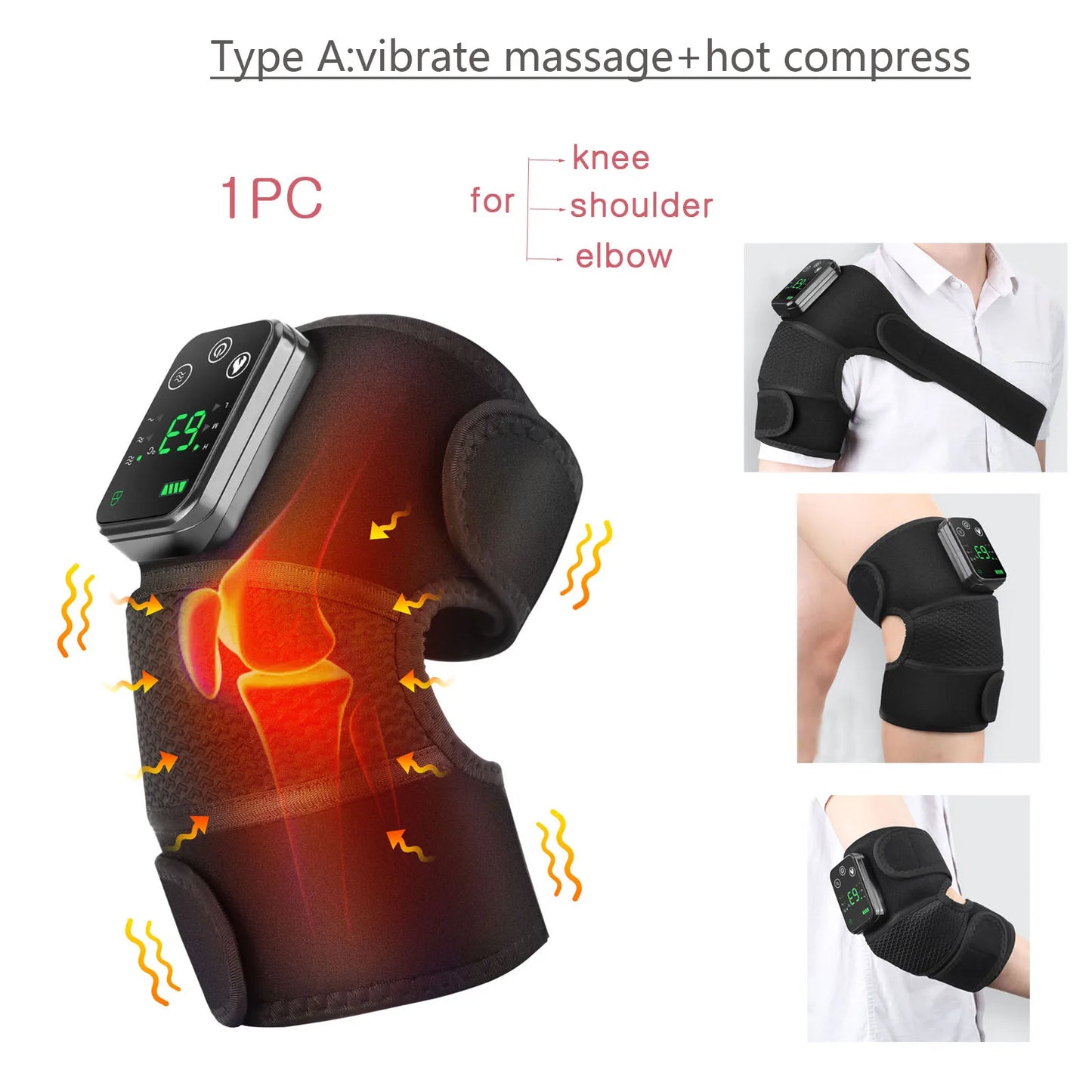 Genouillère/Épaule/Coude 3-en-1 chauffante & vibrante – sans fil, écran digital, arrêt auto 15 min
