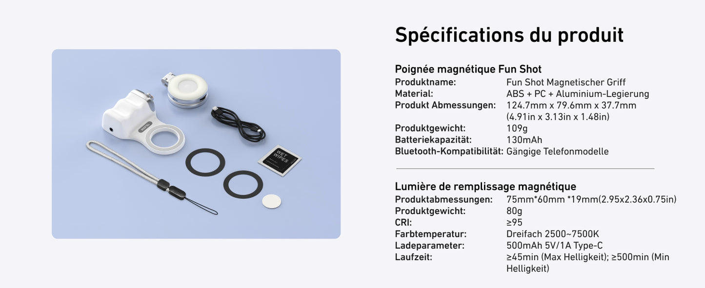 Poignée photo magnétique pour smartphone – Télécommande Bluetooth, éclairage d’appoint, rotation H/V