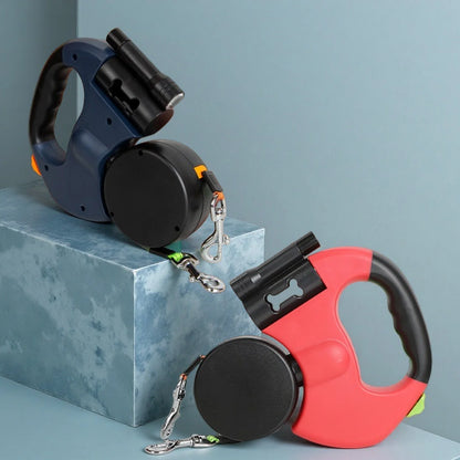 Laisse rétractable double avec LED – anti-enchevêtrement 360°, freins indépendants, sangle réfléchissante 3 m